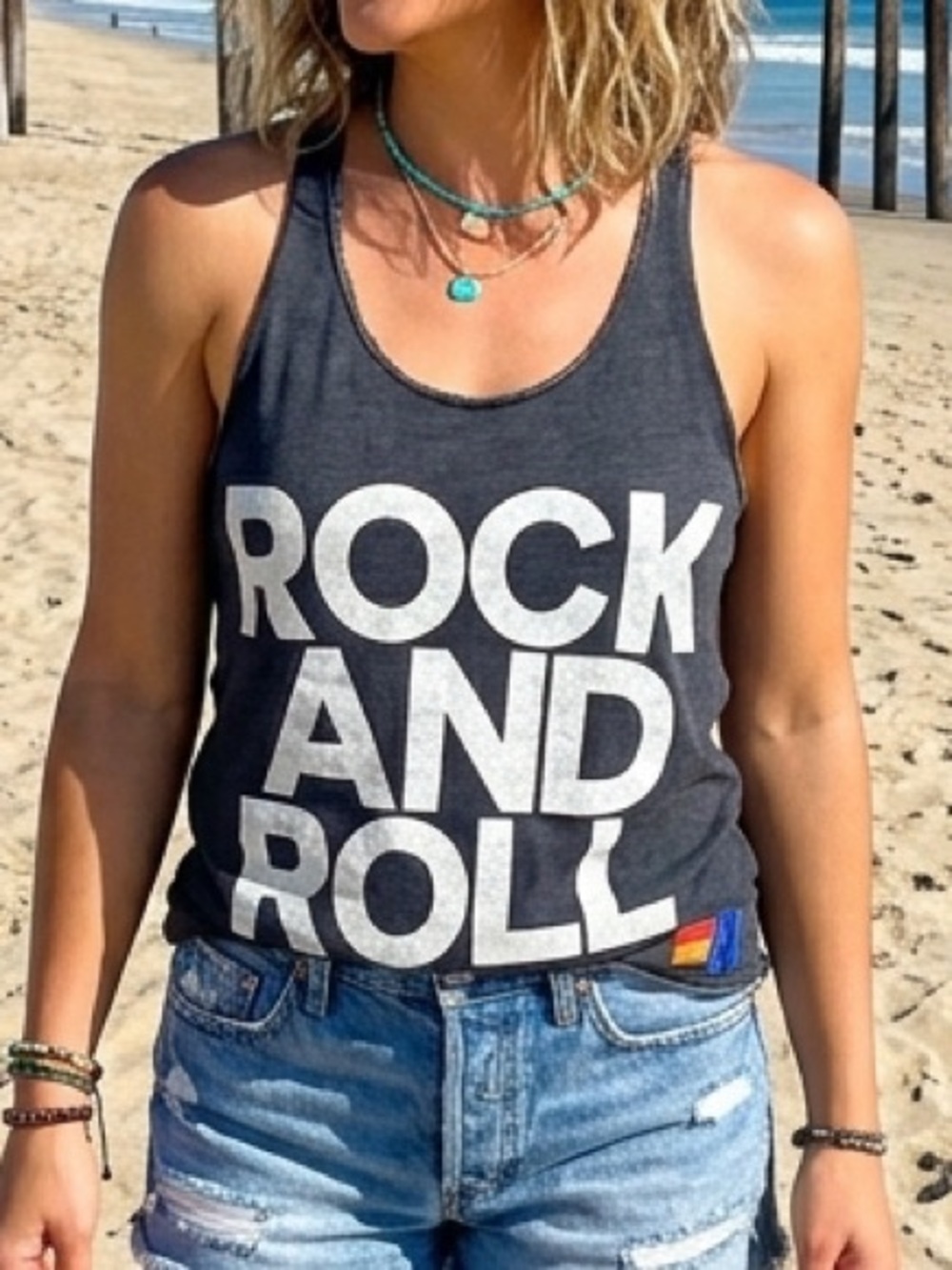 Aviator Nation Black Tank with Bold White ROCK AND ROLL Print